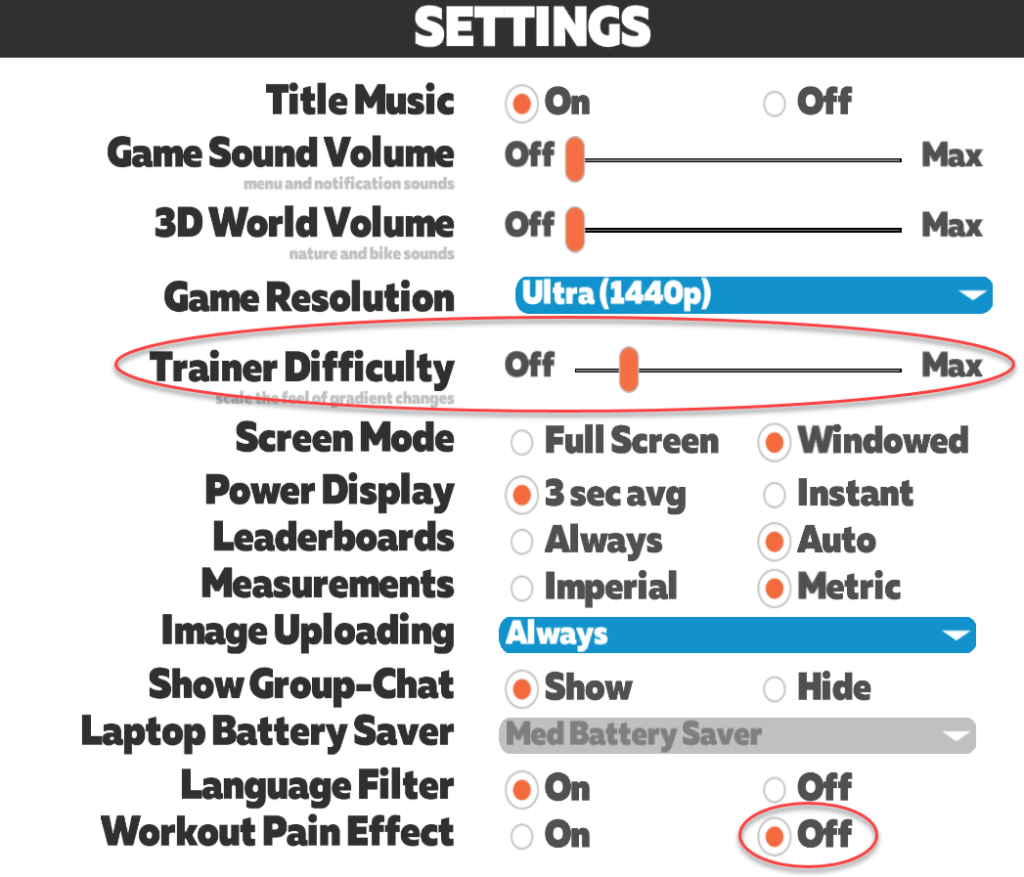 Zwift settings